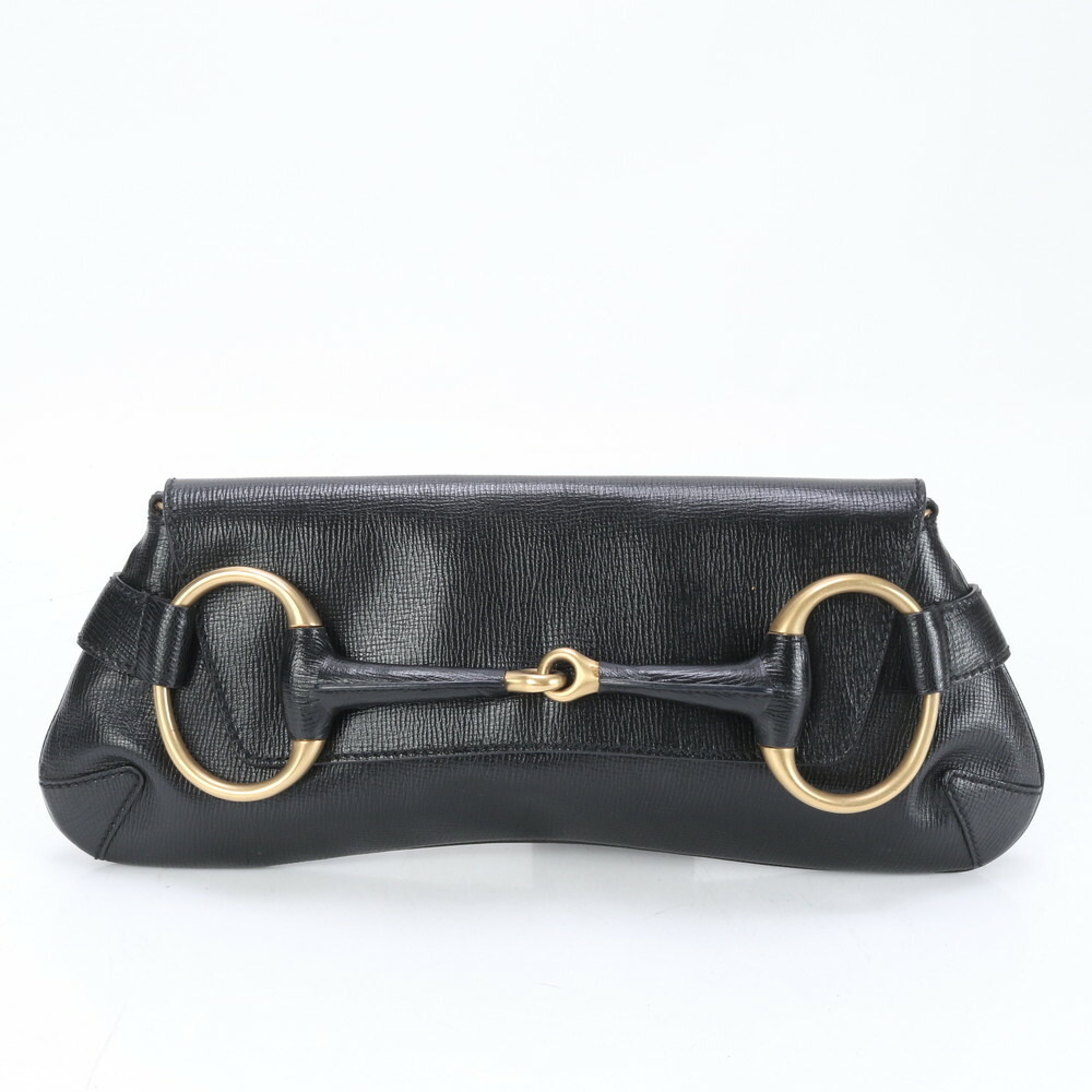 Gucci Horsebit Leather Clutch Bag Hand Shoulder Pouch Tote Black